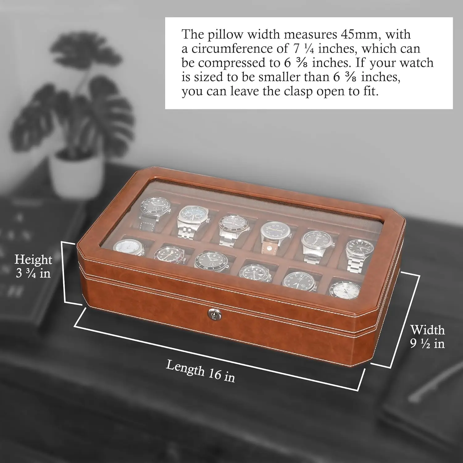 Leather Watch Box Twelve Slot Locking Glass Top Microsuede Liner Storage