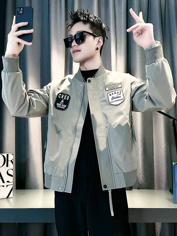 

Модная мужская куртка с бейсбольным воротником, весенне-осенняя вышитая спецодежда, новая мода, полиэстер, длинная застежка-молния