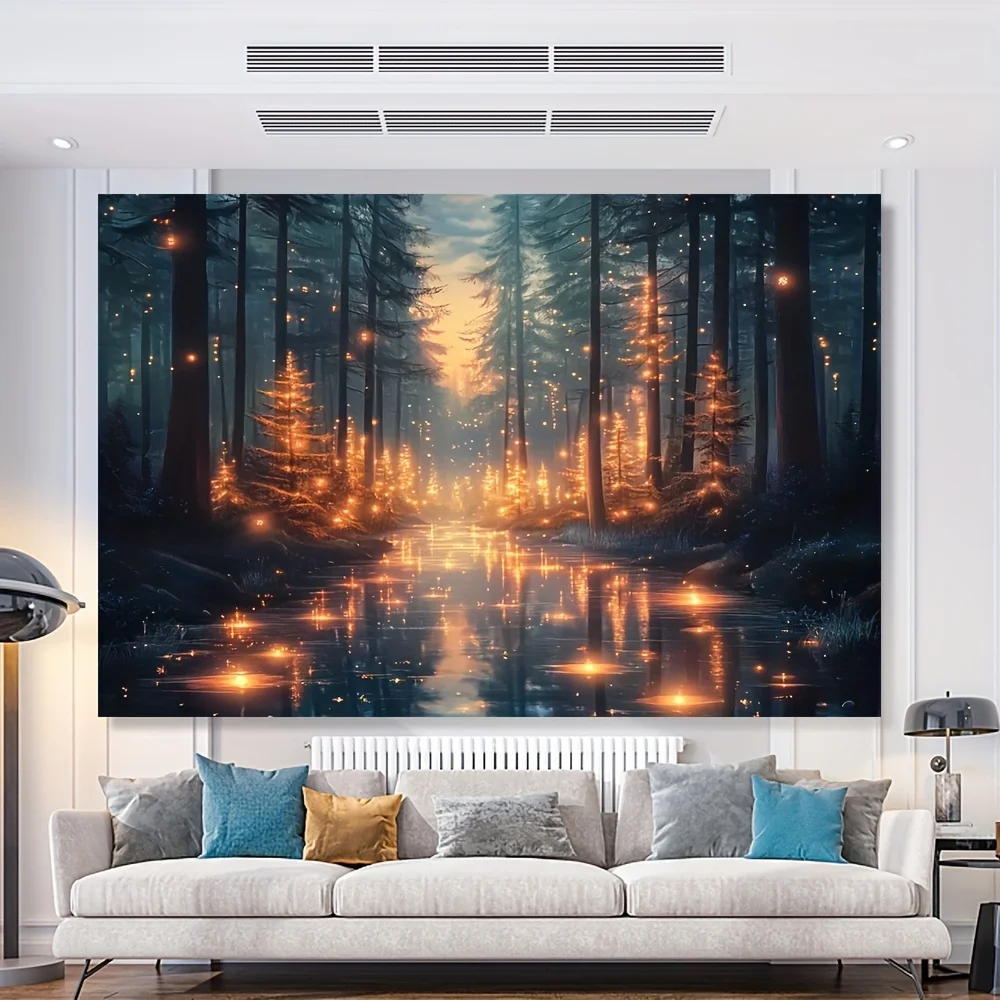 Enchanted Forest Tapestry  Firefly River Wall Hanging, Magical Fantasy Woods Decor Mystical Nature Dorm Bedroom Background Cloth