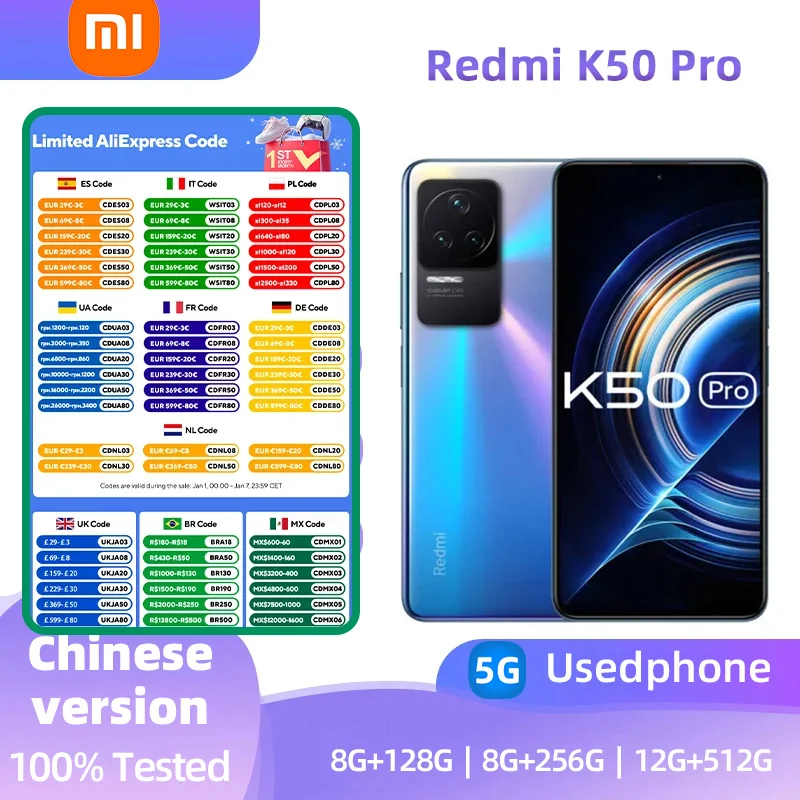 Xiaomi Redmi K50 Pro 5G Android RAM 8GB ROM 128GB MediaTek Dimensity 9000 120W Fast Charging 108MP OIS Camera used phone