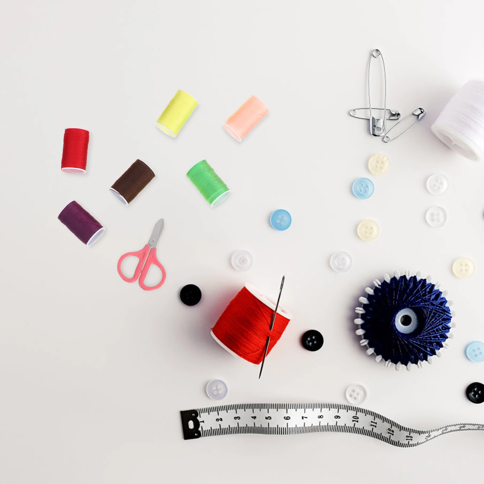 

1Set Portable Sewing Thread Kit Round Iron Case Needle Tape Scissors 12 Color Threads 16 Needles