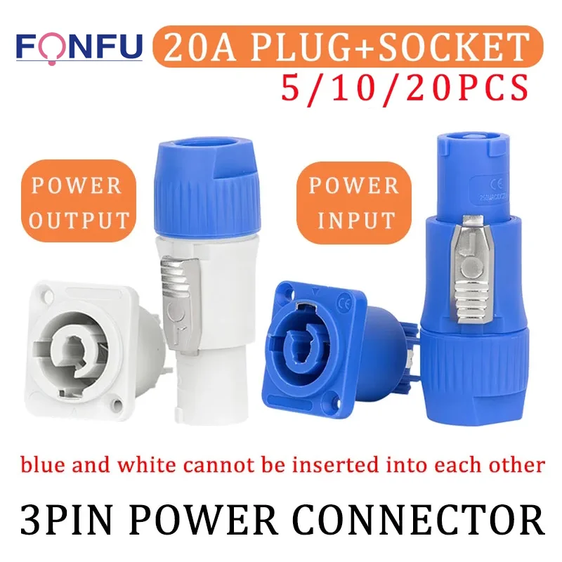 

5/10/20PCS 3Pin NAC3FCA NAC3FCB Power Connector LED Speakon Male Plug Blue (Input)+White (Output) Plug+Female Socket 20A 250VAC