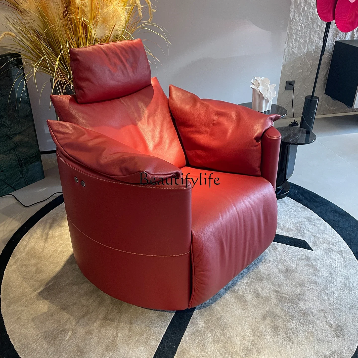 

yj19 Italian Minimalist Full Genuine Leather Functional Sofa Chair Rotating Rocking Chair Living Room Modern Simple