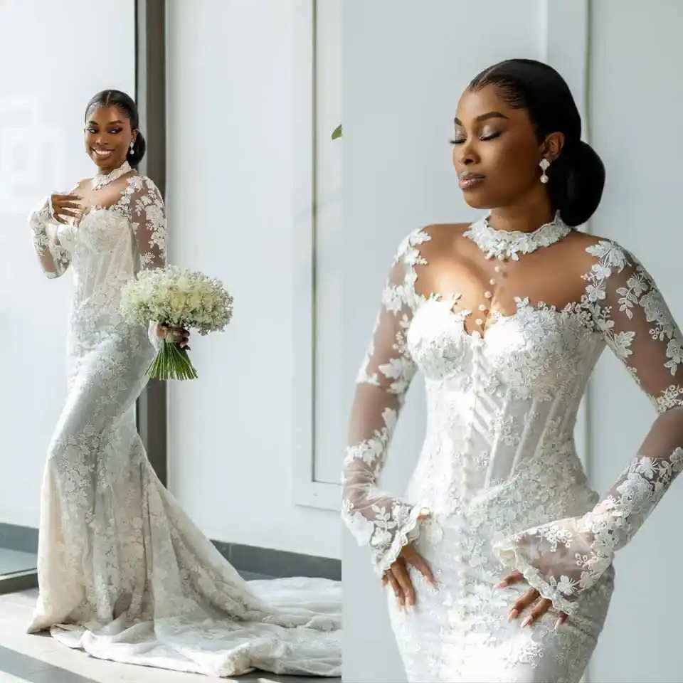 

Customized Luxury Mermaid Wedding Dress Sheer Neck Long Sleeve Ladies Bride Dress Lace Appliques Bridal Gowns