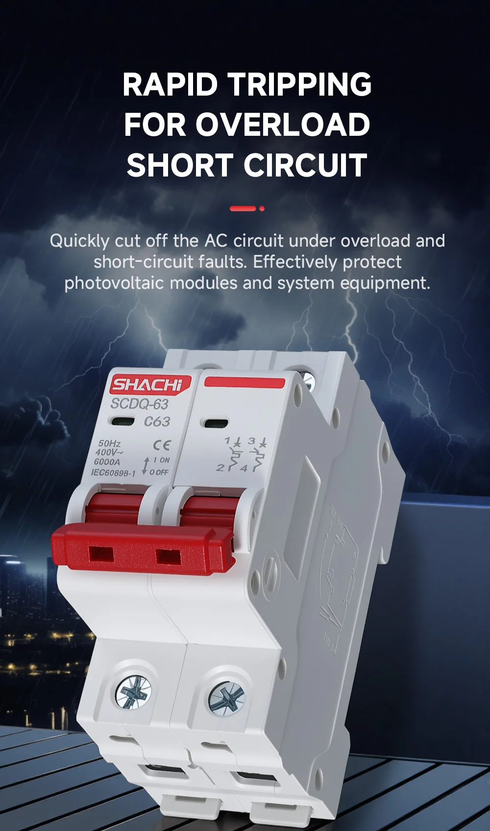 SHACHI AC Mini-Leitungsschutzschalter MCB 2P 16A 20A 25A 32A 40A 63A 220V 400V C-Typ DIN-Schienen-Luftschalter für den Überlastschutz im Haushalt – Detail 3