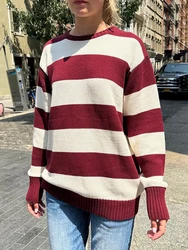 Maglione lavorato a maglia spesso in cotone a righe donna autunno girocollo pullover larghi casuali top maglioni oversize dolci Vintage femminili