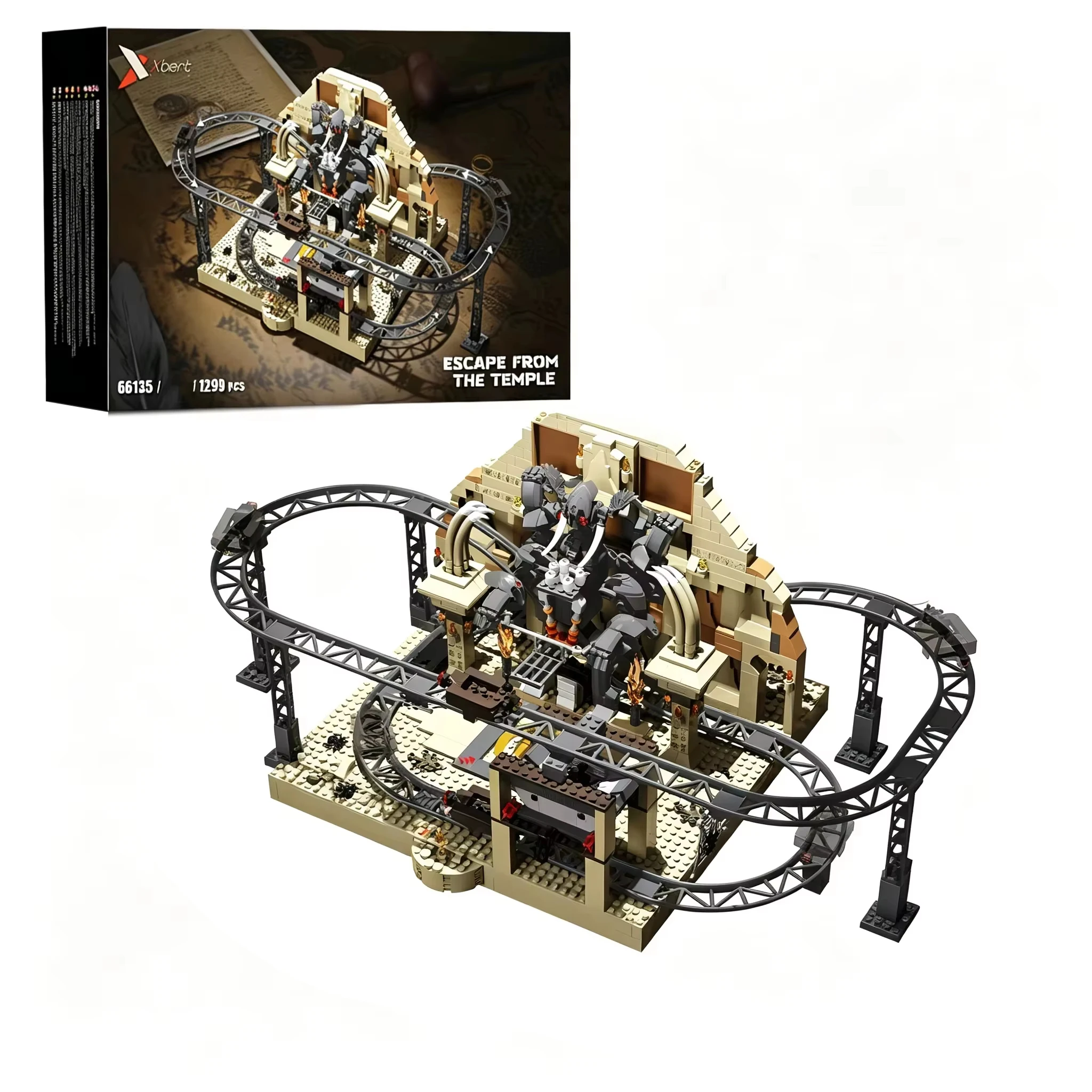 1299PCS Ancient Tomb Roller Coaster Building Blocks Circular Track Mine Cart Temple Scene Model Bricks Desktop Ornament Toy Gift