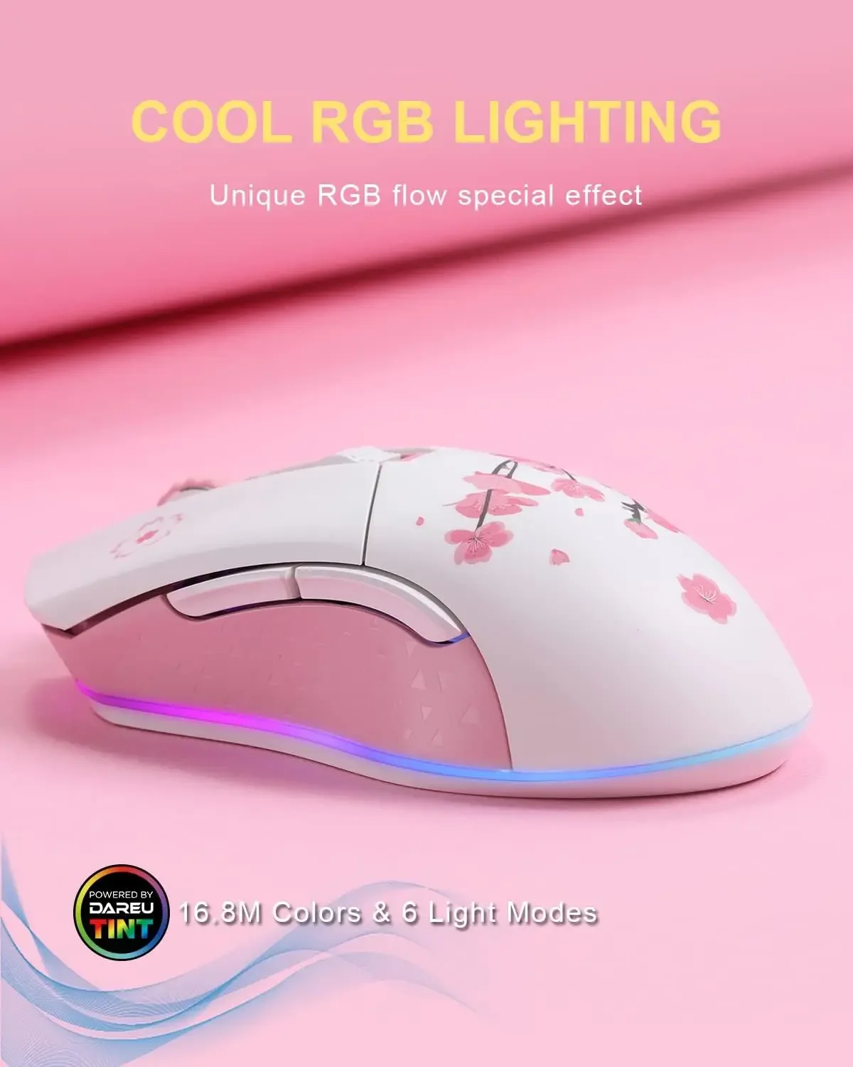 DAREU Sakura Pink Wireless Wired Gaming Mouse Dual-Mode Rechargeable 7 Buttons DPI RGB and 7 Adjustable DPI for PC Notebook Mac