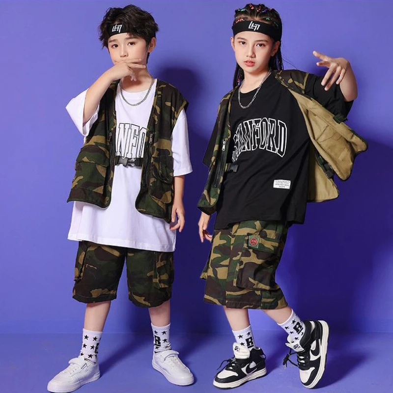 Kids Kpop Teen Hip Hop Clothing CamoTactical Vest Graphic T Shirt Summer Cargo Shorts For Girl Boy Jazz Dance Costume Clothes