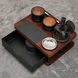 Drawer Type Coffee Tamper Station Espresso Tamper Mat with Coffee Knock Box Drawer Wood Coffee Portafilter Rack 51/53/58mm