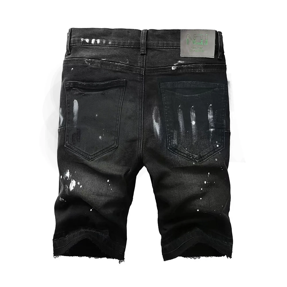 Men Jorts Stretch Black Denim Shorts Splash Ink Paint Raw Hem Knee Length Jean Shorts Summer Vintage Distressed Streetwear view 2