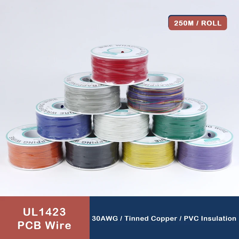 

250m/roll 30AWG UL1423 Colored Insulation Cable Copper Core Test Wrapping Wire Tinned Copper PCB Solid Wire Line