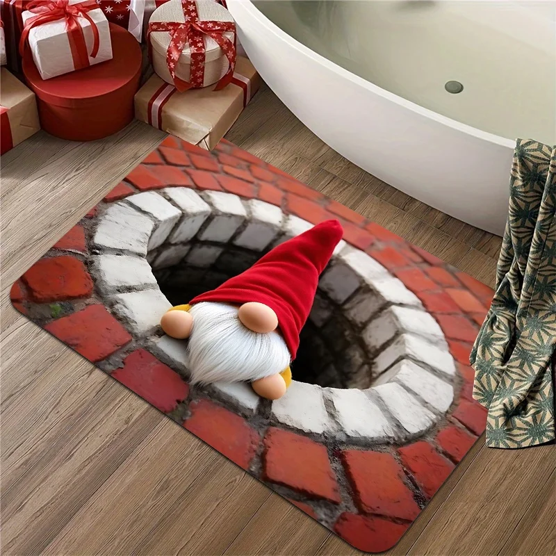 Gnome Brick Hole 3D Visual Doormat, Red Gnome Print Entry Floor Mat, Funny Front Door Decor