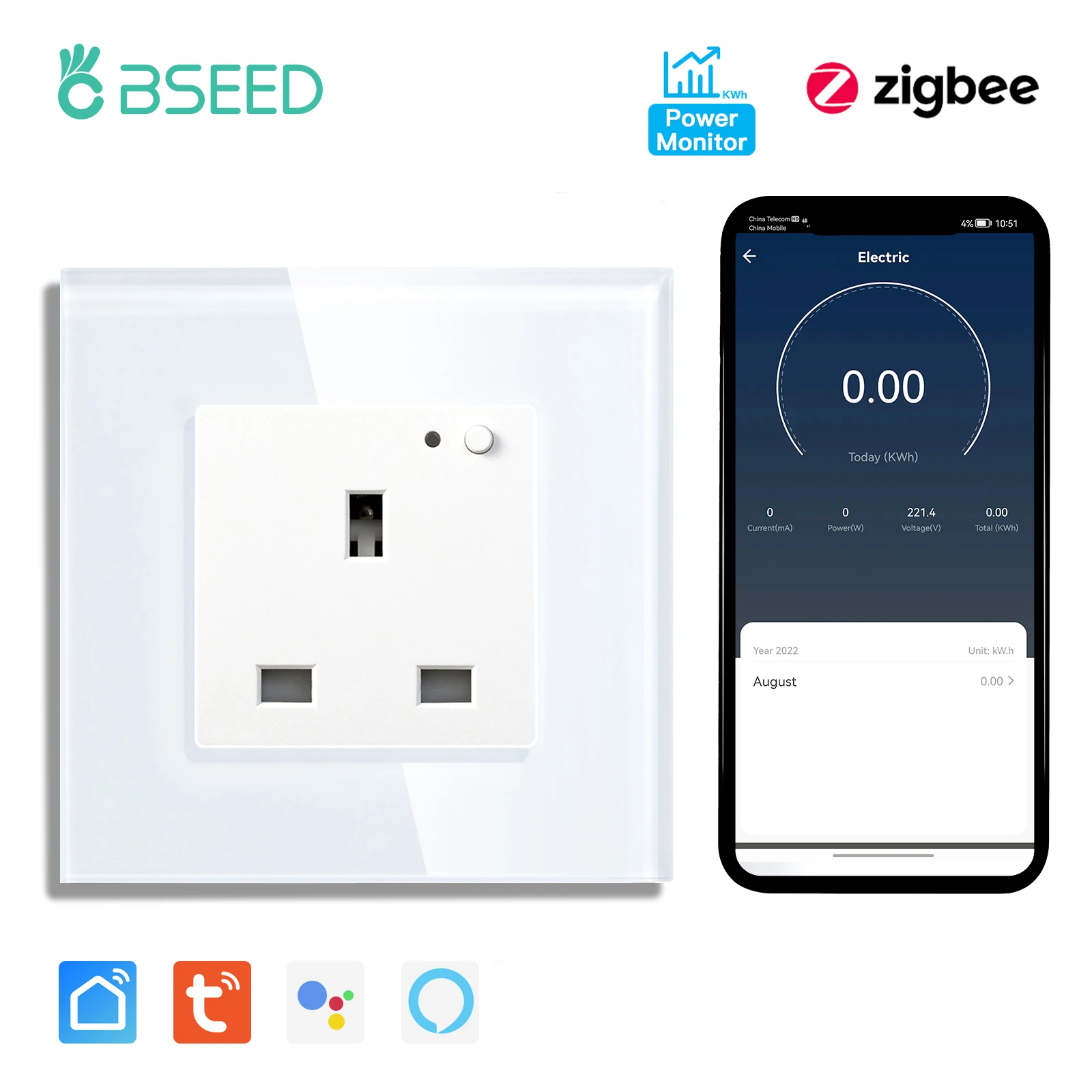 BSEED UK Standaard Zigbee Power Monitor Socket Slimme dubbele elektrische stopcontacten Tuya Smart Iife Google Home Control 13A - afbeelding 2