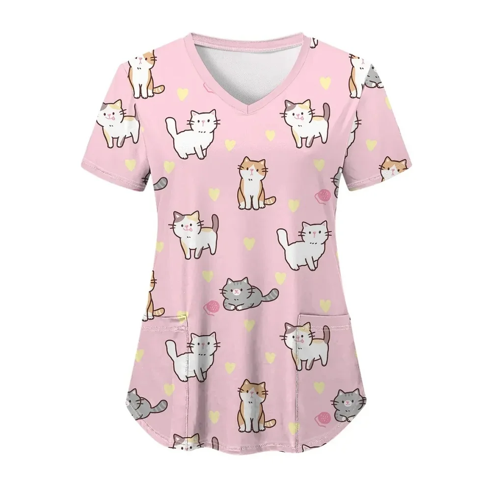 Scrubs Uniform Woman Fashion Cat Print Summer V-Neck with Pocket Clinical Uniform Tops Microelastic Vet Surgical Uniforms Woman