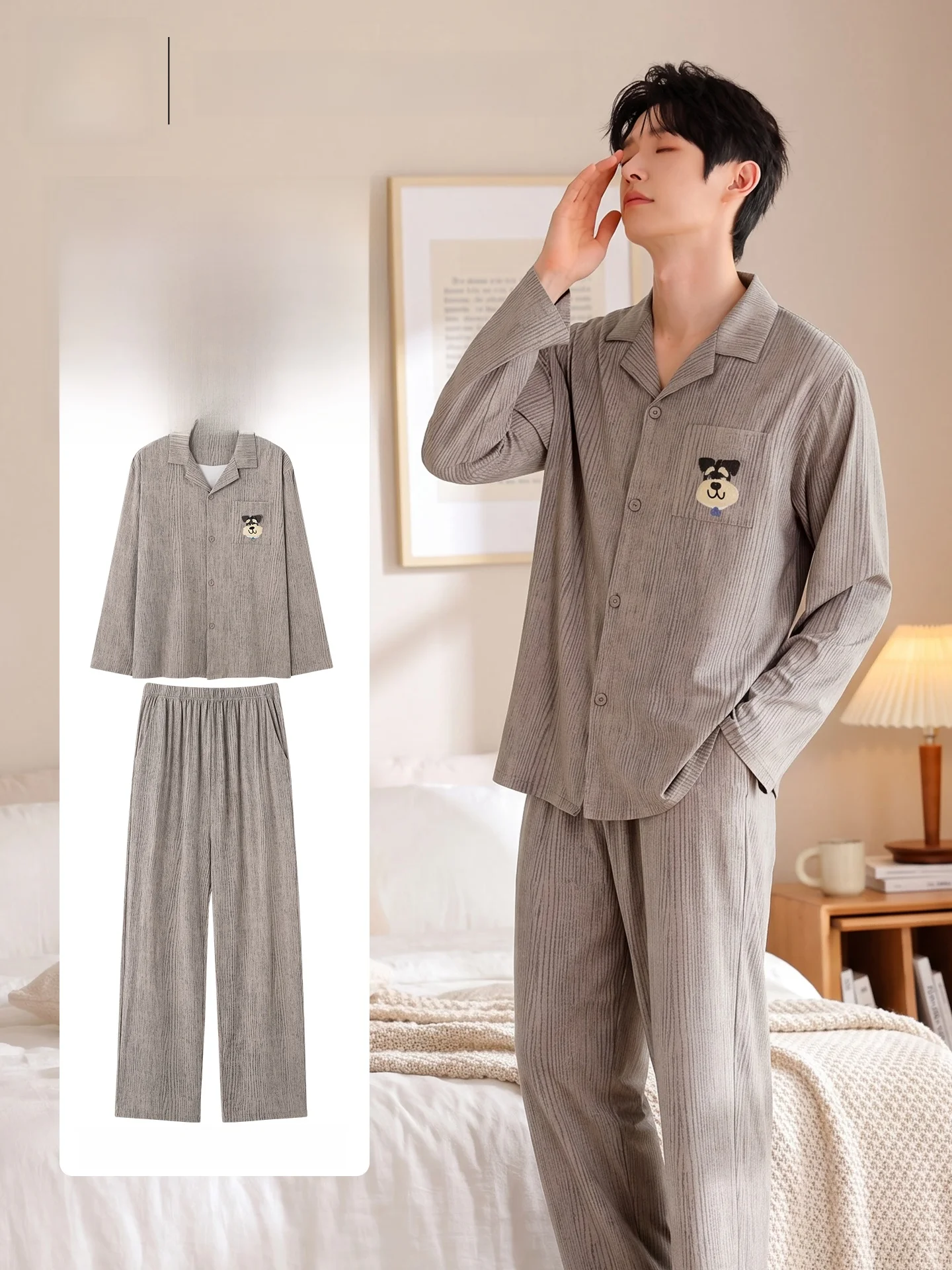 Men's Pure Cotton Long Sleeve Sleepwear Catman Home Clothes Set Outerwear Suitable Autumn Spring New Style Loose Fit Comfortable
