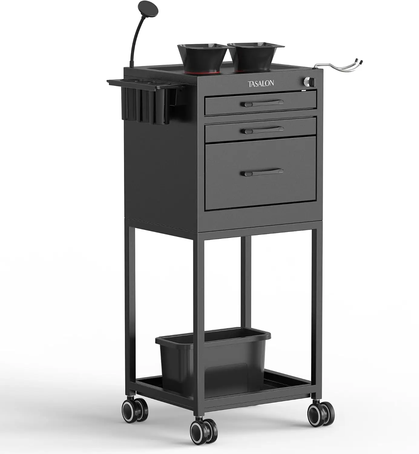 Salon Trolley Cart with Wheels, Lockable Metal Rolling Cart with Drawers, Magnetic Bowls & Phone Holder, Mobile Storage Organize