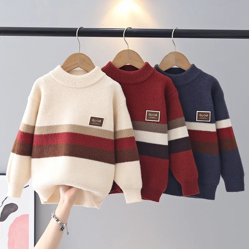 5-12 Years Kids Baby Boy Knit Sweaters Autumn Winter Long Sleeve Round Neck Letter Stripes Pullover Tops Warm Knitwears IY11252