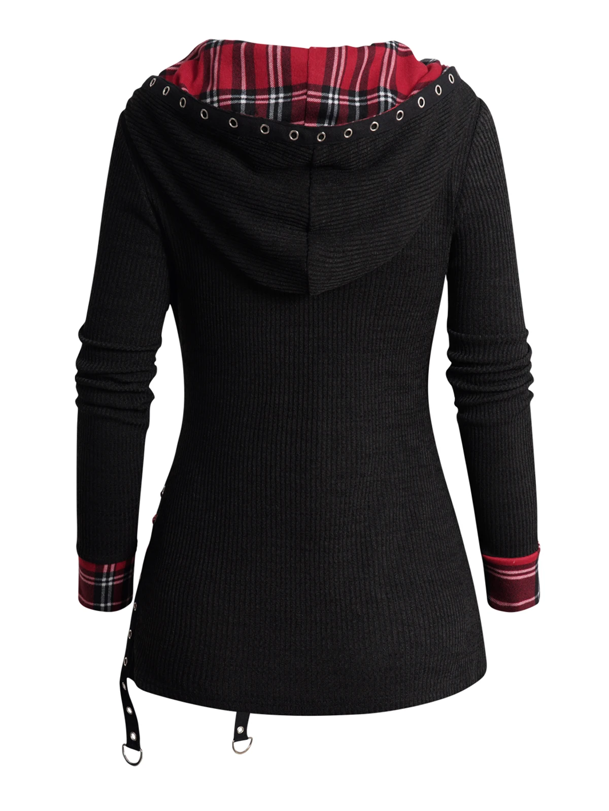 Dressfo 2024 Womens Hoodie Sweatshirts Tops Casual Plaid Splicing Knit Hoodie Grommet Knitted Hooded Top