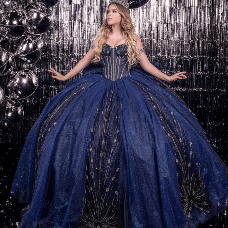 

Navy Blue Shiny Quinceanera Dresses Ball Gown Off The Shoulder Sequin Lace Beading Bow Corset Party Birthday Sweet 16 Dress