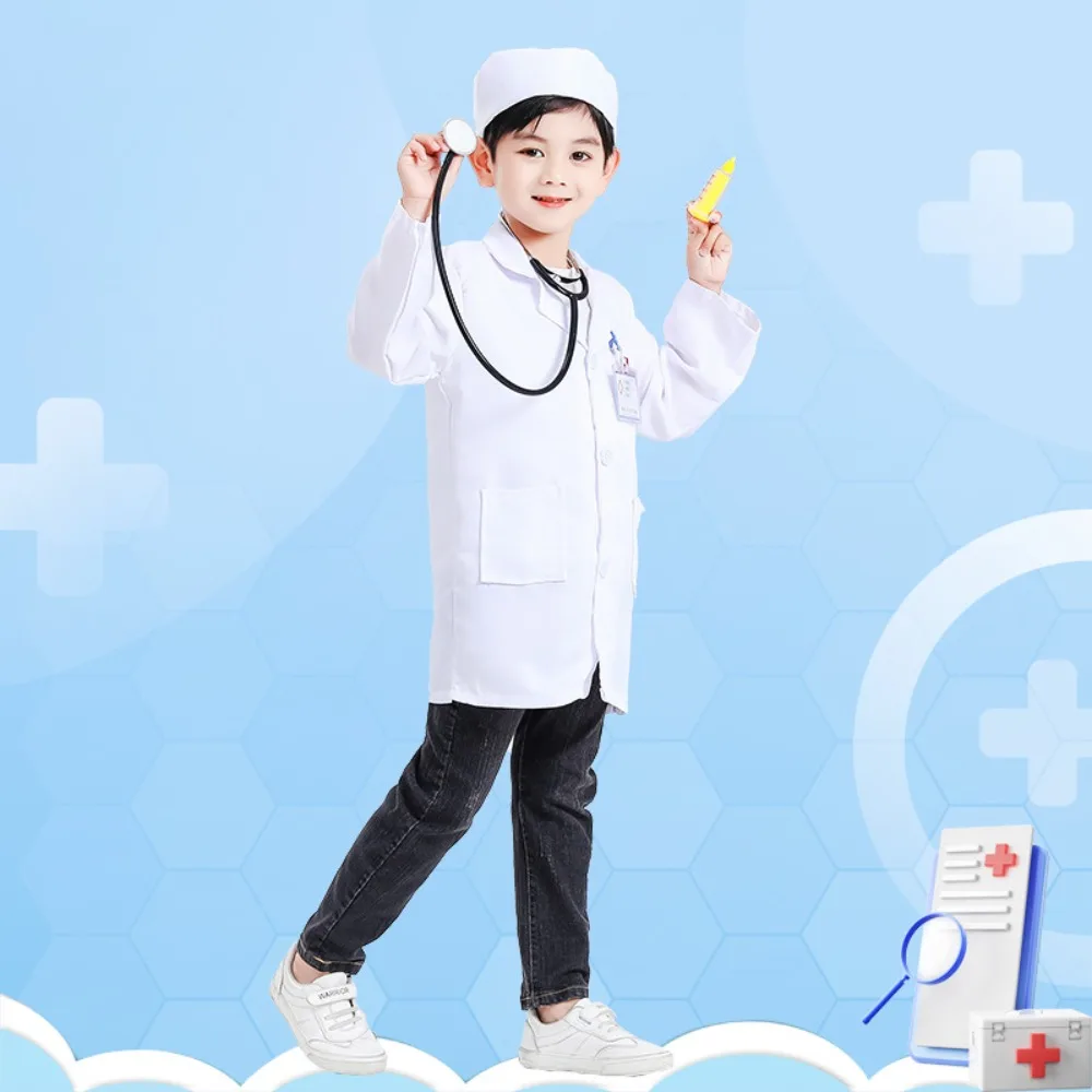 Conjunto de disfraz de médico y enfermera para niños, bata de laboratorio blanca para puesta en escena y juego de simulación, traje de vestir médico para niños pequeños