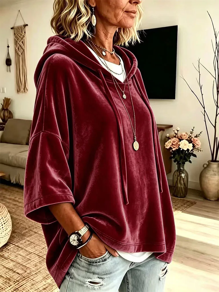 Neuer Herbst-Winter Damen Einfarbiger Samt-Hoodie mit 3/4-Ärmeln Lässige Oberteile – Detail 12