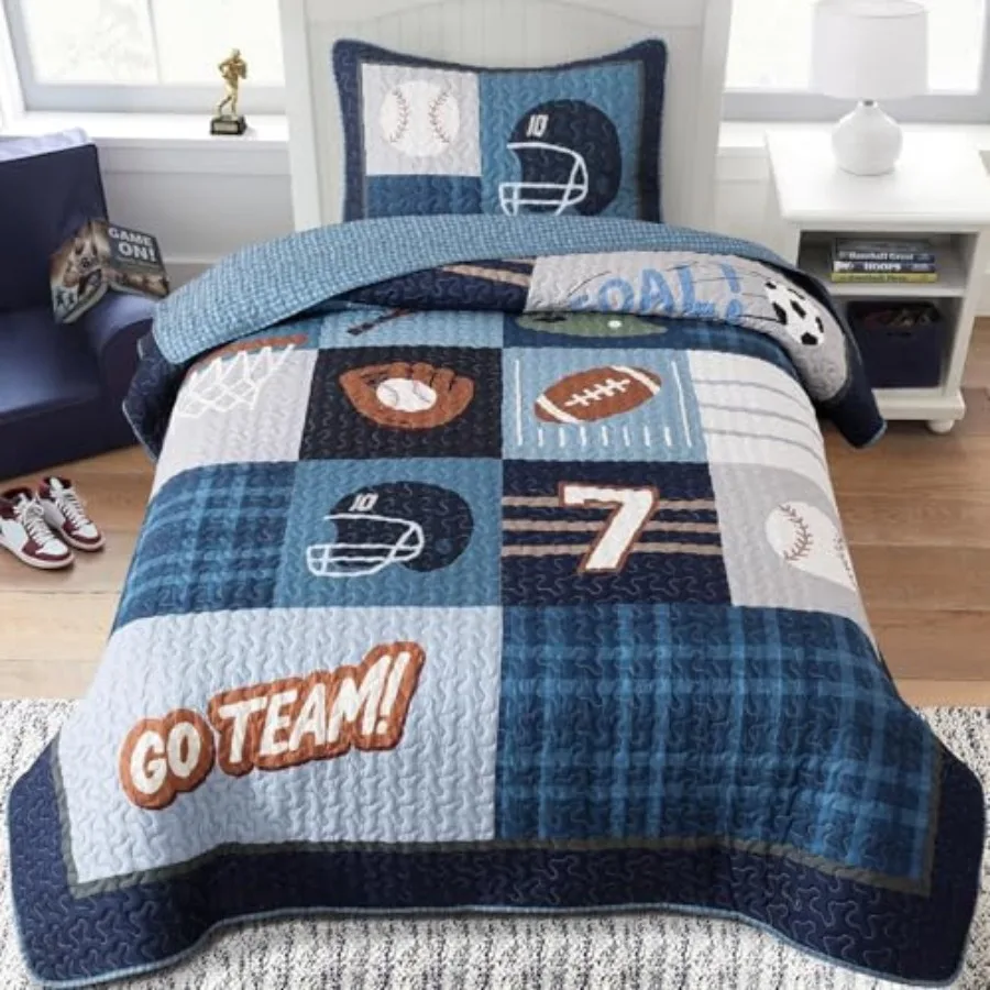 Sports Quilt Set and 2 Shams Lightweight Sports Bedding for Boys Football Soccer Baseball Basketball Comforter Teenage Boy Bedd
