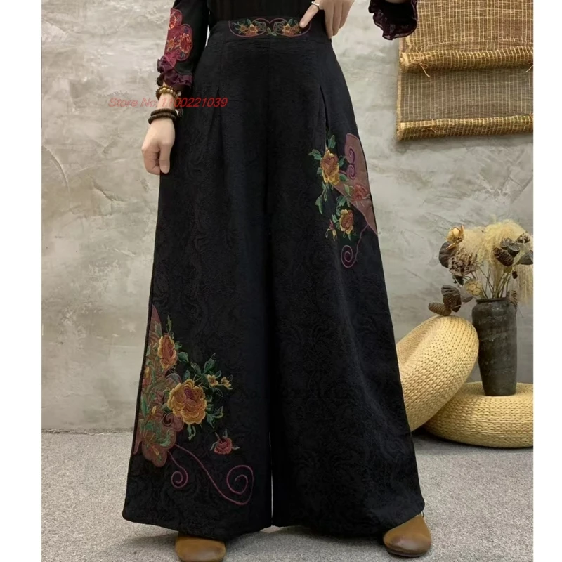 2025 السراويل الصينية خمر الوطنية زهرة مطرزة مرونة الخصر السراويل الشعبية الرجعية القطن الكتان الجاكار واسعة الساق السراويل