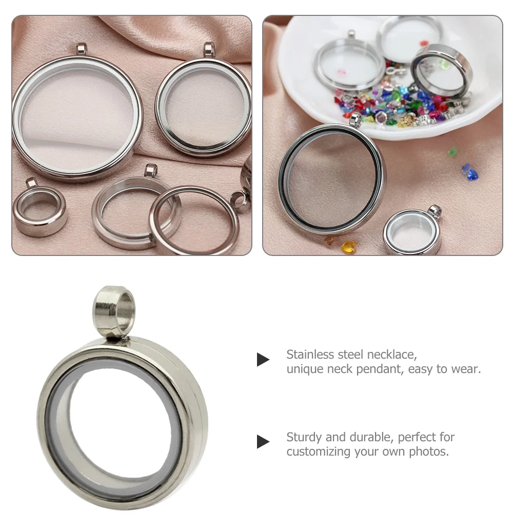 Transparent Locket Charm Ring Stainless Steel Neck Chain Pendants Floating Charms