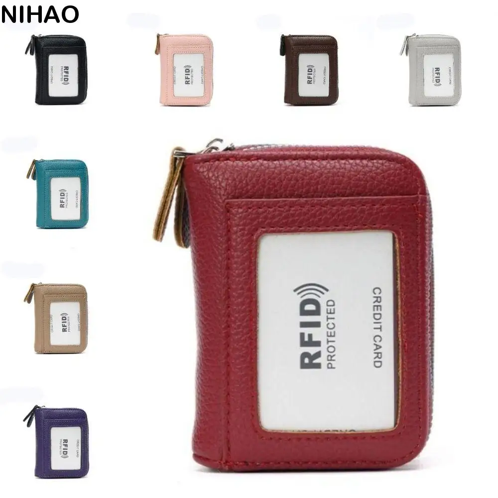 Multi-Functional Organ Card Bag Anti-Degaussing PU Leather Double Zipper Coin Pouch RFID Solid Color Anti-Theft Card Holder