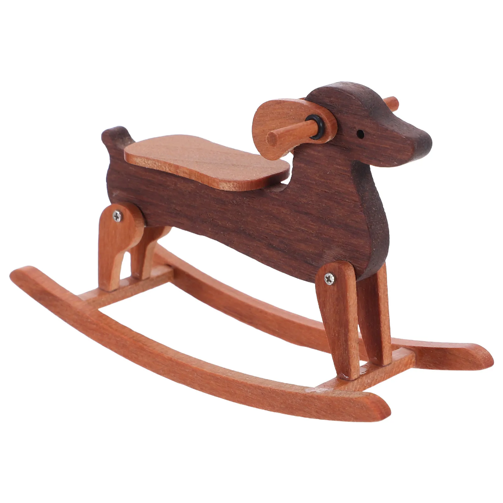 

Mini Dollhouse Wooden Rocking Horse Dachshund Dog Statue Hand-Carved Nursery Baby Room Decoration Desktop Tabletop Playroom