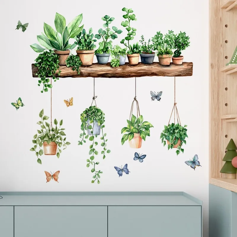 3D Potted Green Plant Shelf Wall Decals Green Botanical Tropical Succulent Wall Stickers for Living Room Kitchen Home Decor view 2
