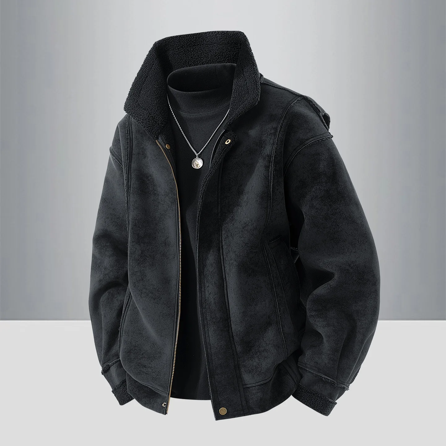 Men's Lambskin Inner Fleece Jacket American Retro Style Warm And Comfortable for Spring And Autumn 2025