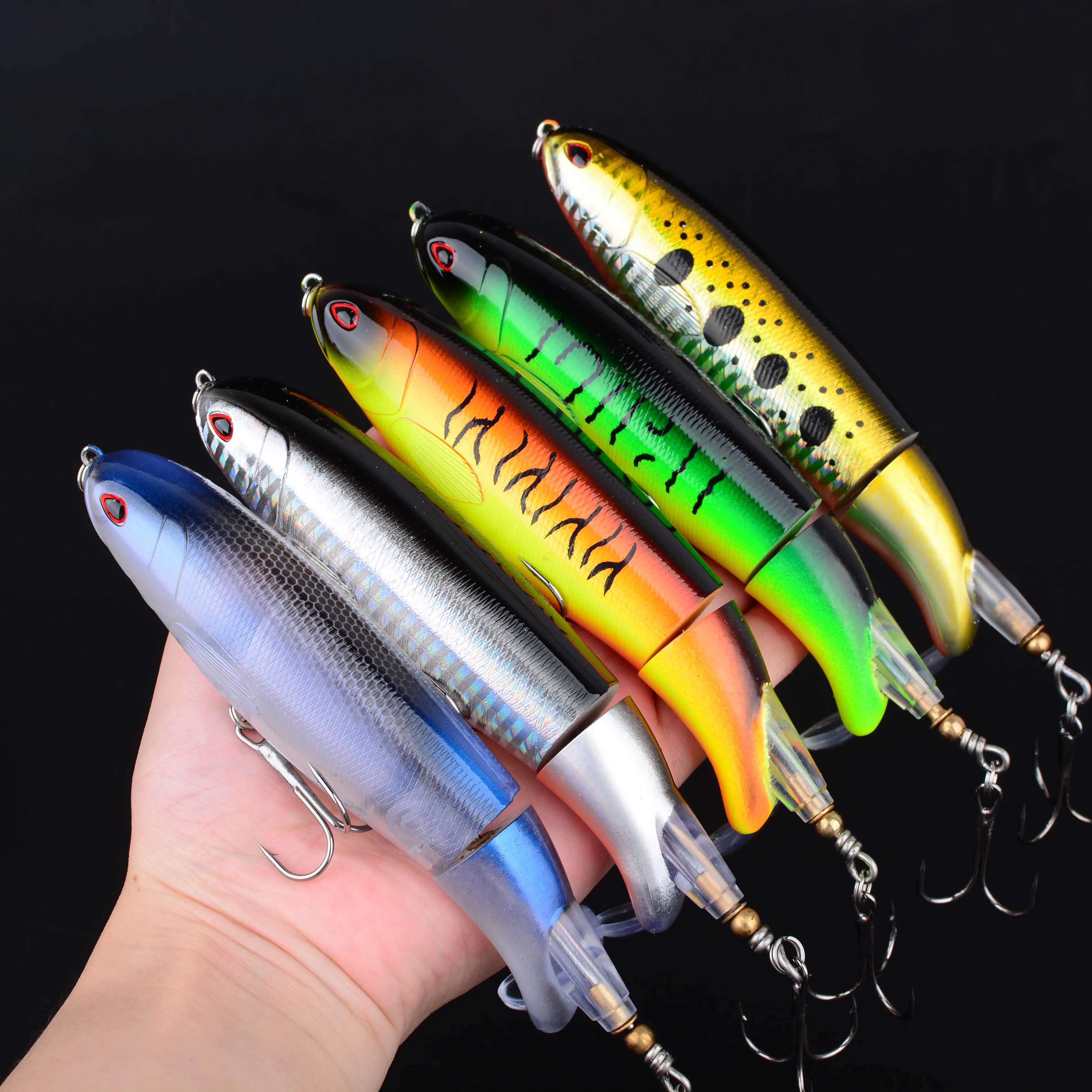 14,5CM 32G Angelköder Whopper Plopper Oberflächenköder Künstlicher Schwimmköder Harter Popper mit Rotierendem Schwanz Angelzubehör