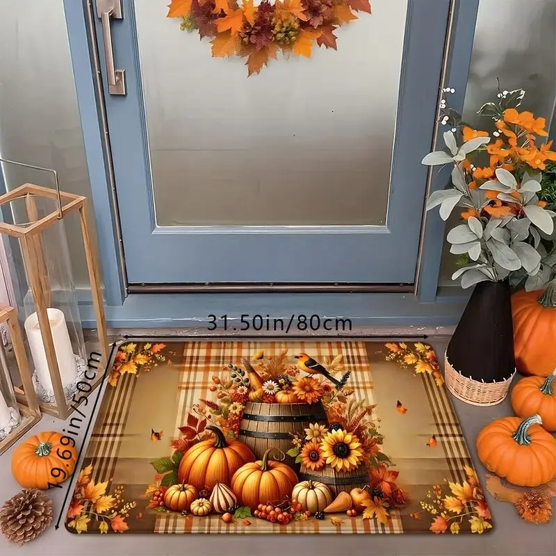 VIKAMA Autumn Front Door Welcome Mat Pumpkin Barrel Sunflower Plaid Maple Non‑Slip Entrance Doormat Thanksgiving Home Decoration