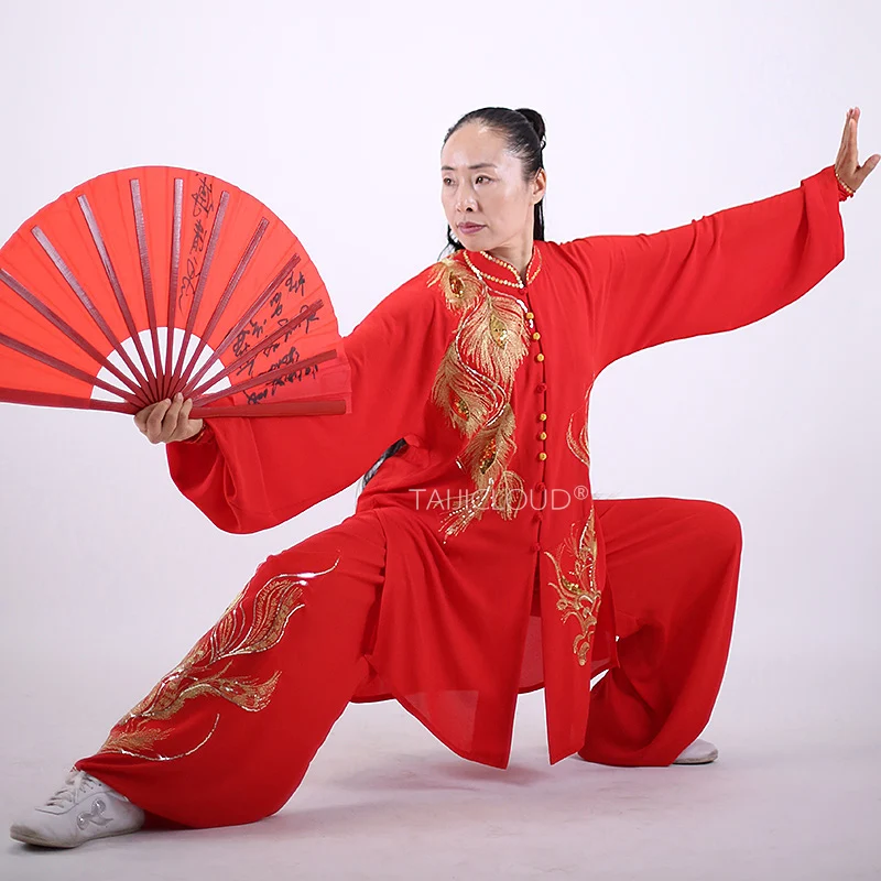 2024 Men's/Women's Tai Chi Uniform - Long-Length Phoenix Embroidery Sheer Fabric Kung Fu Suit for Martial Arts Performance