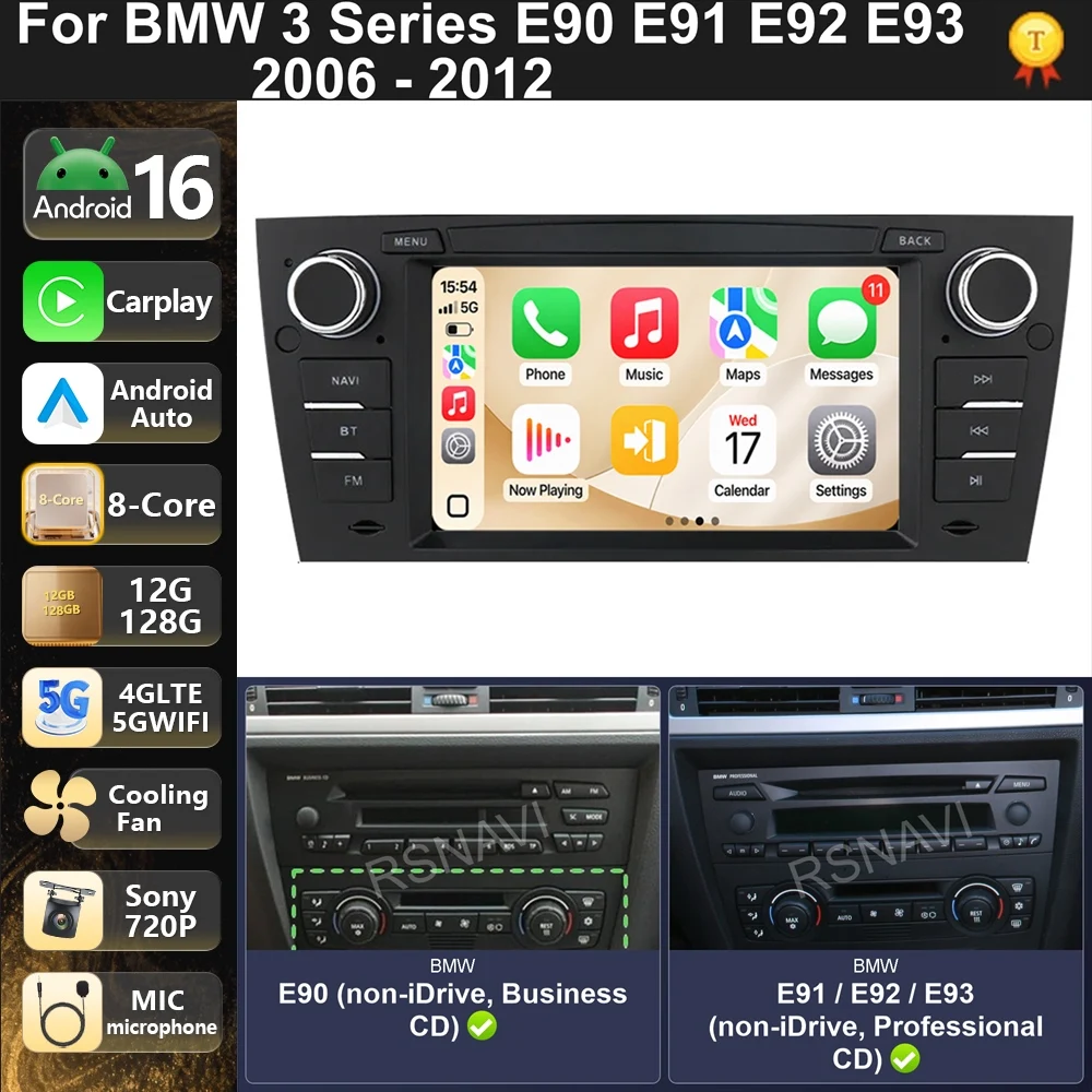 Car Radio Android 16 For BMW 3 Series E90 E91 E92 E93 2006-2012 carplay auto dsp bt 4g