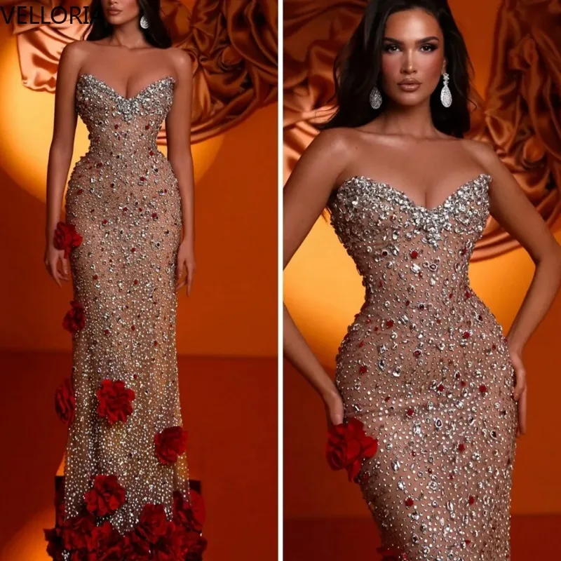 

Champagne Gold Sequin Pageant Dress Sweetheart Mermaid Evening Gown with Red Rose High Slit Beaded Crystal Formal PromCustomized