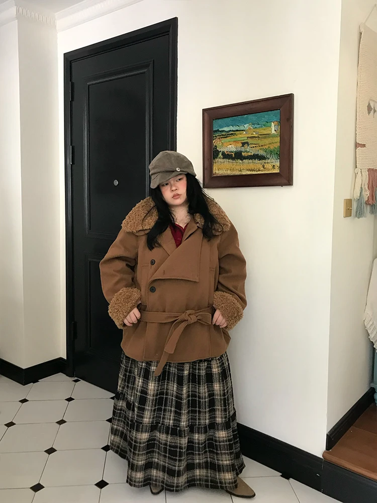 

Юбка миди А-силуэта в клетку для женщин больших размеров, шерстяная, с эластичным поясом, плиссированная, для молодых девушек, от китайского производителя