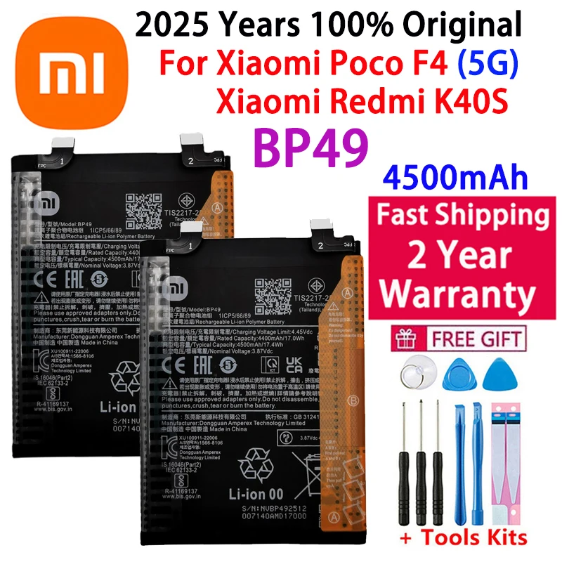 

2025 лет, 100% оригинальный аккумулятор BP49 4500 мАч для Xiaomi Redmi K40S/Mi Poco F4, аккумуляторы для телефонов + бесплатные инструменты