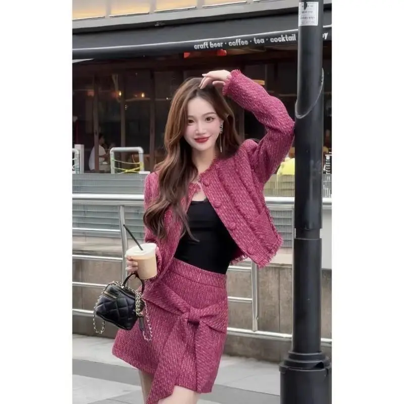 Winter Pink Elegant New Two Piece Set Women Blazer Coat+solid Bow Mini Skirt Female Japan Fashion Designer Mini Skirt Suit 2024