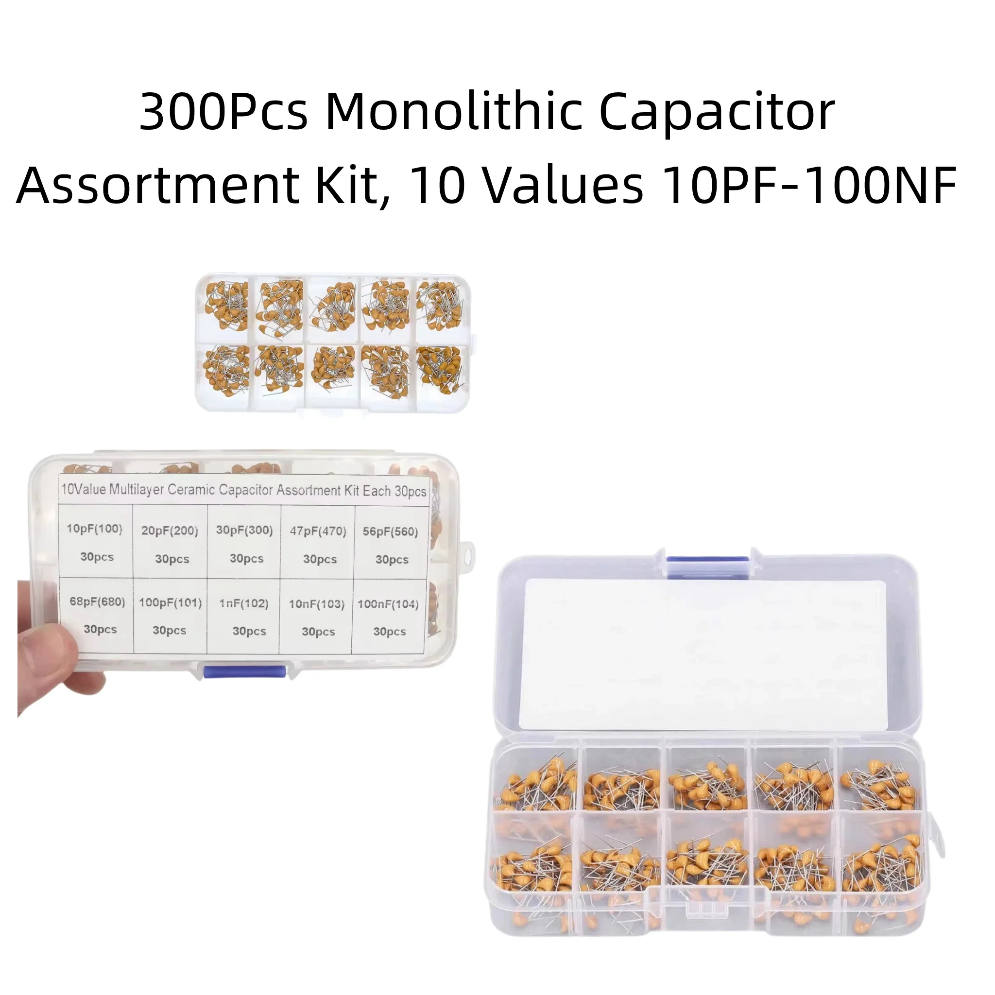 300Pcs Monolithic Ceramic Capacitor Assortment Kit, 10 Values 10PF-100NF 30Pcs Each for Electronic Circuit Soldering DIY