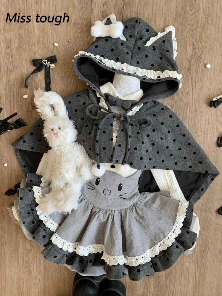 Japanese Lolita Style Women's Suit 3 Pieces Set Polka Dot Cape + Patchwork Tops + Lace Cake Halter Skirt Korean Fashion Outfits