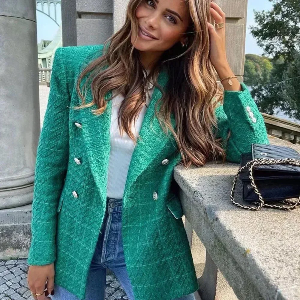 

Green Pink White Turn Down Collar Long Sleeves Gold Button Double Breasted Women Texture Design Suit Spring New