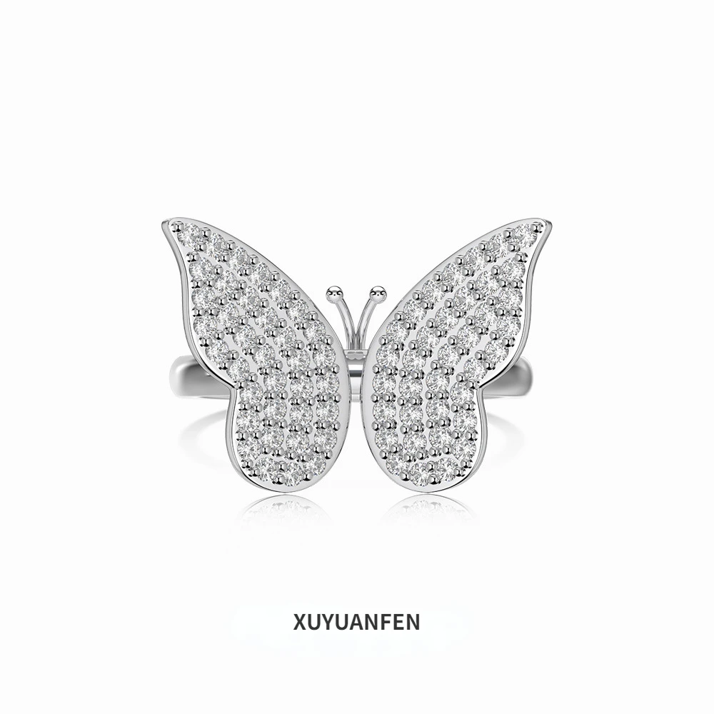 

XUYUANFEN Light Luxury Senior S925 Sterling Silver Butterfly Ring Women's Instagram Style Full Diamond Zircon Closed Ring