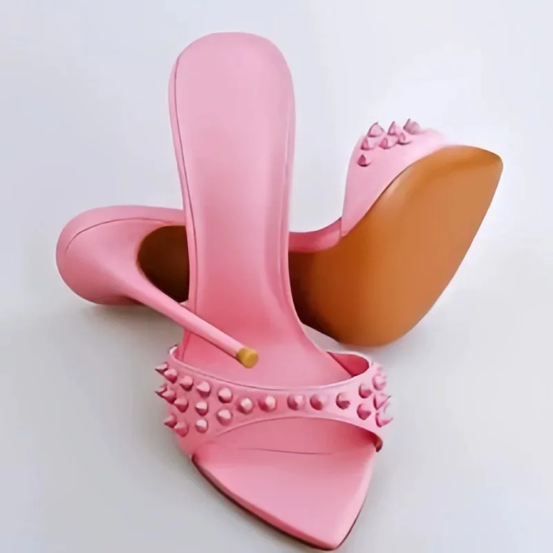 Women's Pink Studded Pointed Toe Stiletto Heel Mule Sandals Edgy Elegant Slip-On Design Ladies Summer Street Parties Slippers