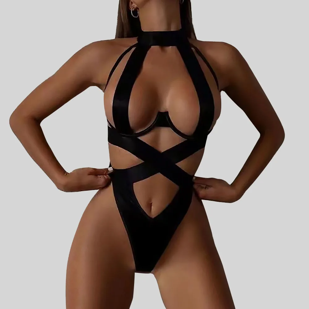 

Sexy Lingerie Binding Straps Bodysuit Women Halter Hollow Out Exotic Clothes Backless Deep V Sleeveless Hanging Neck Bodysuits