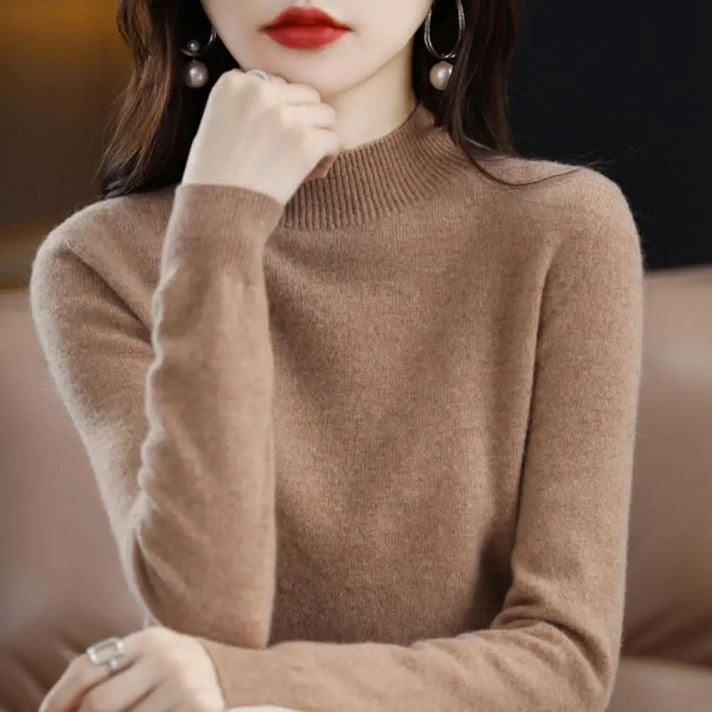 Simple Elegant Women Top Soft Stretchy Women's Sweater Long Sleeve Mid Collar Pullover Top for Daily Wear Lightweight Knitted