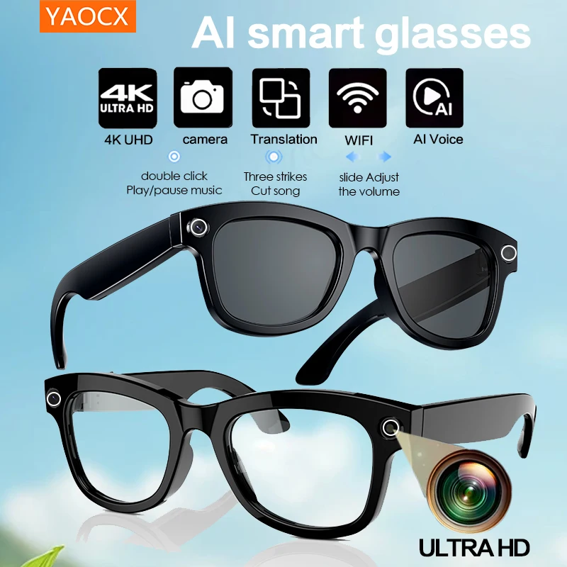 

YAOCX 800W HD Smart Glasses with UV Protection Voice Assistant Touch Control Hands-Free Surround Sound for Local Music