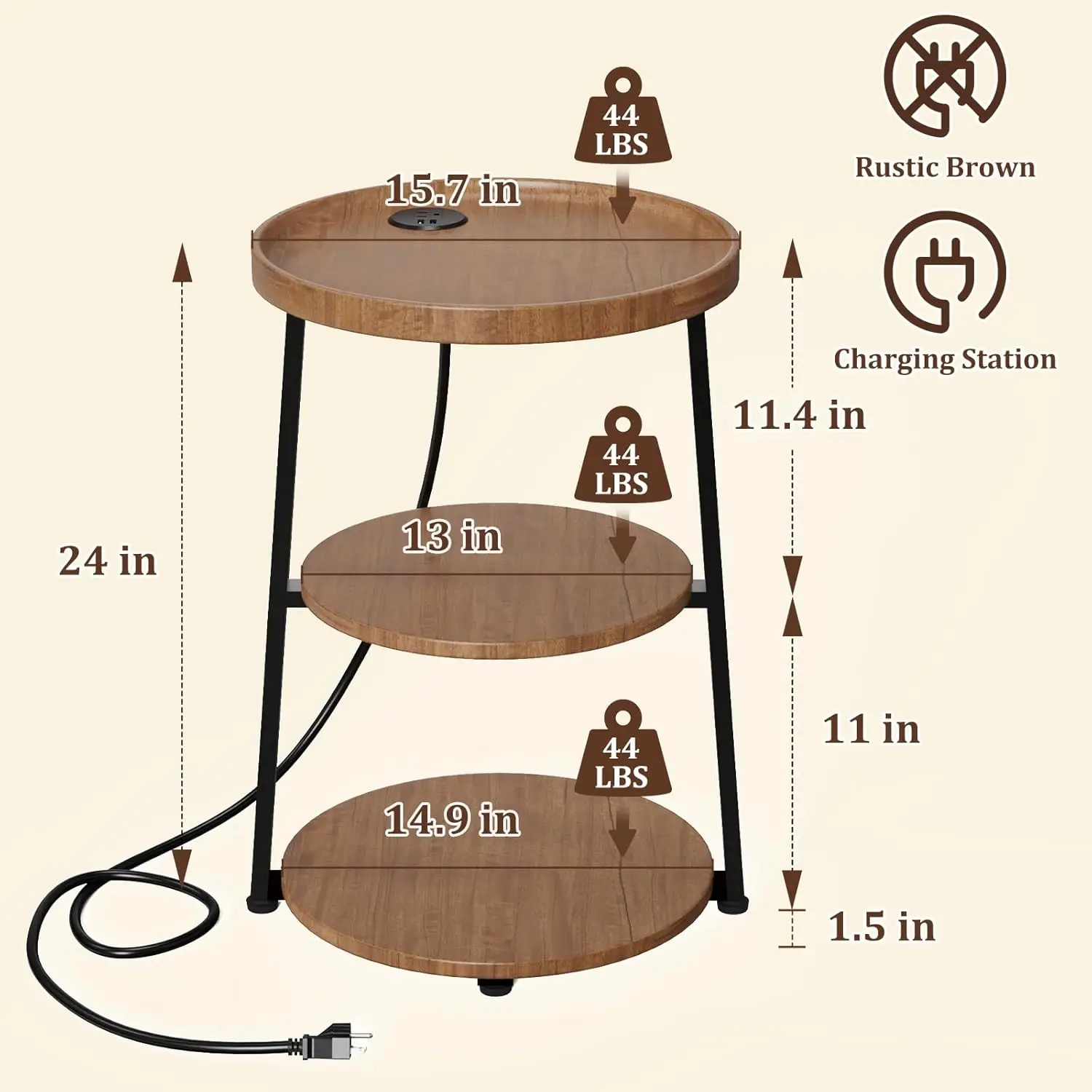 

Круглый торцевой столик с зарядной станцией, 3-уровневый акцентный столик для гостиной, спальни, дивана, небольшой приставной столик, маленький кофейный столик